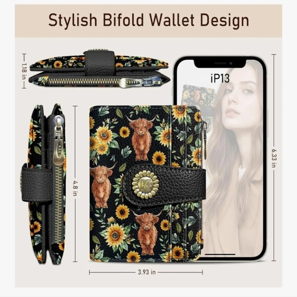 Floral RFID-Blocking Wallet Case - Black Brown Cow Sunflower